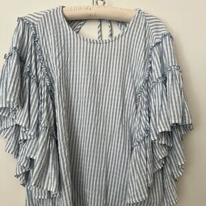 Women's Blue Stripe Ruffle Sleeve Top